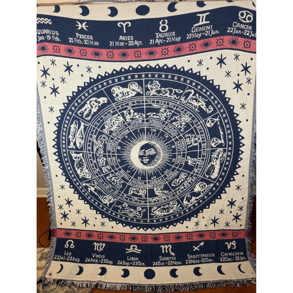 Zodiac Celestial Woven Tapestry Throw Blanket Sun Moon Astrology Navy 50x64